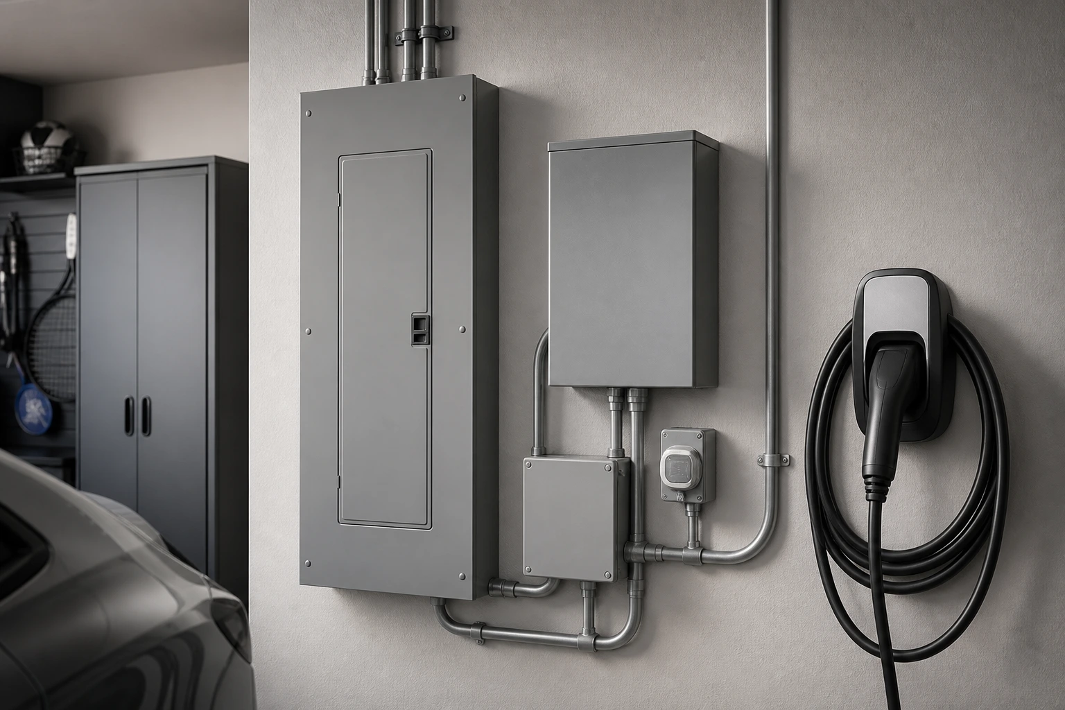 Closed panel and load-management equipment beside an EV charger